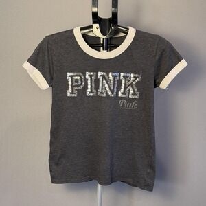 PINK Victoria's Secret Shirt Womens‎ Small Gray Ringer Sequin Logo Graphic Tee